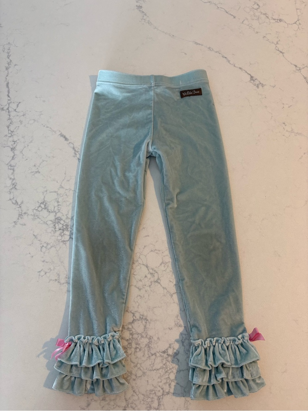 Matilda Jane Light Blue Ruffle Hem Leggings with Pink Bows